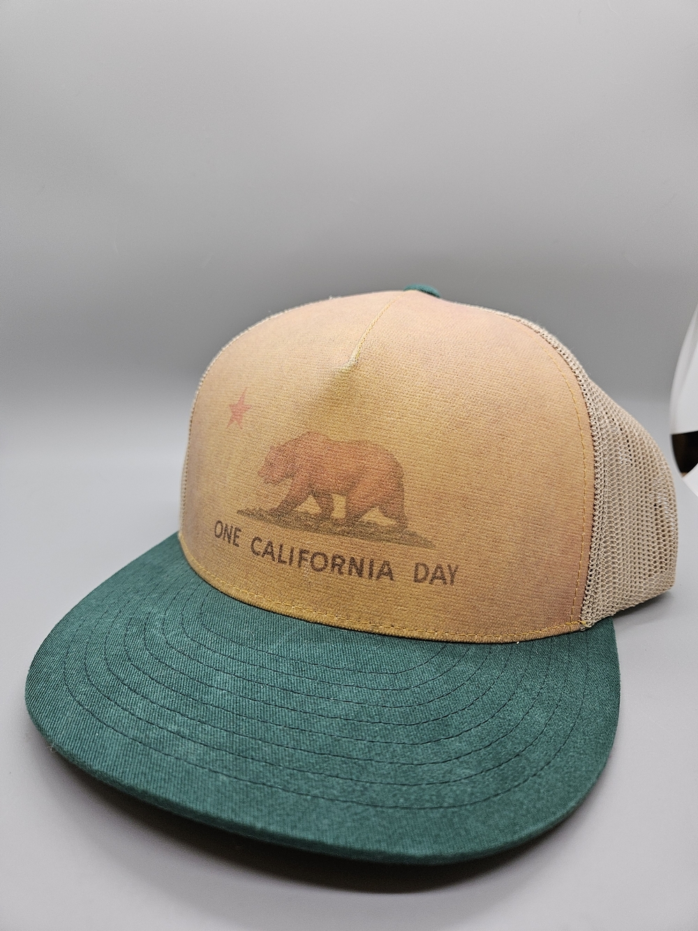 NWT Toes On The Nose One California Day Snapback Trucker Hat Green Tan Bear OSFA